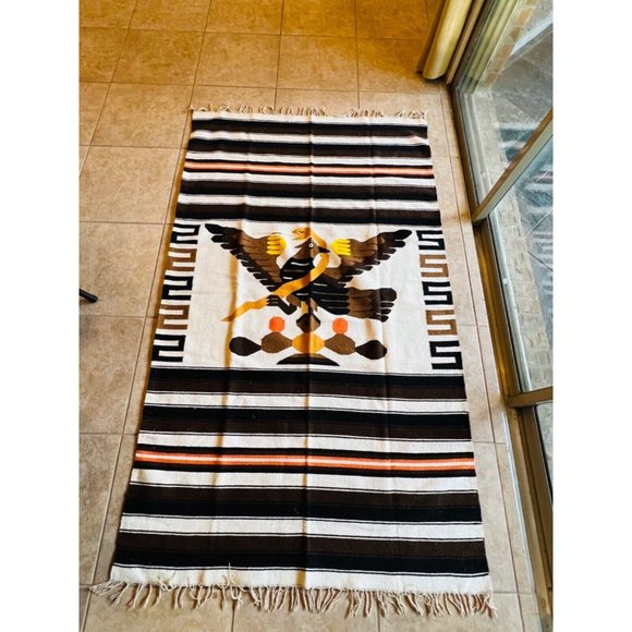 1930-40s Aztec Mexica Native Tenochtitlan Hand Woven Wool Rug 81” X 49” - Picture 3 of 6